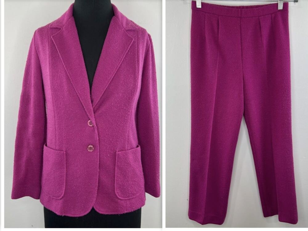 VINTAGE Alfred Dunner 2 Piece Fuchsia Pink Suit Blazer Jacket Pants Sz 8/10 VTG